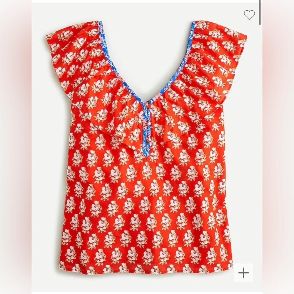J. Crew Red Floral Ruffle Sleeve Blouse with Blue Trim